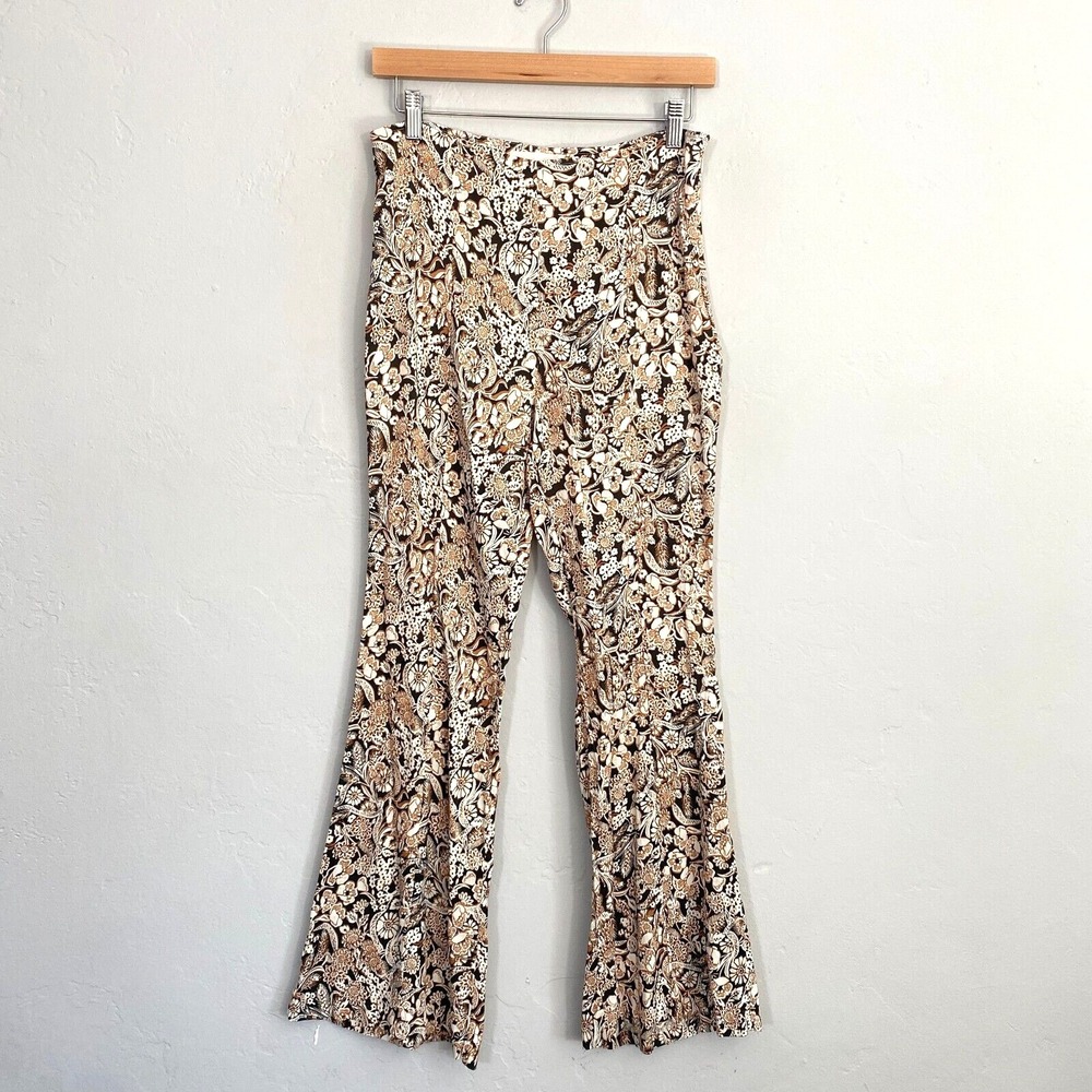 Anthropologie Satin Floral Flare Pants Women Size 8 Black Ivory Brown